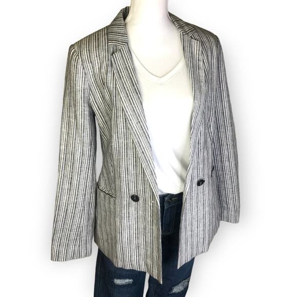 1. State Women's Striped Linen Blazer Jacket Size 6 White Grey Striped Office - Picture 2 of 12
